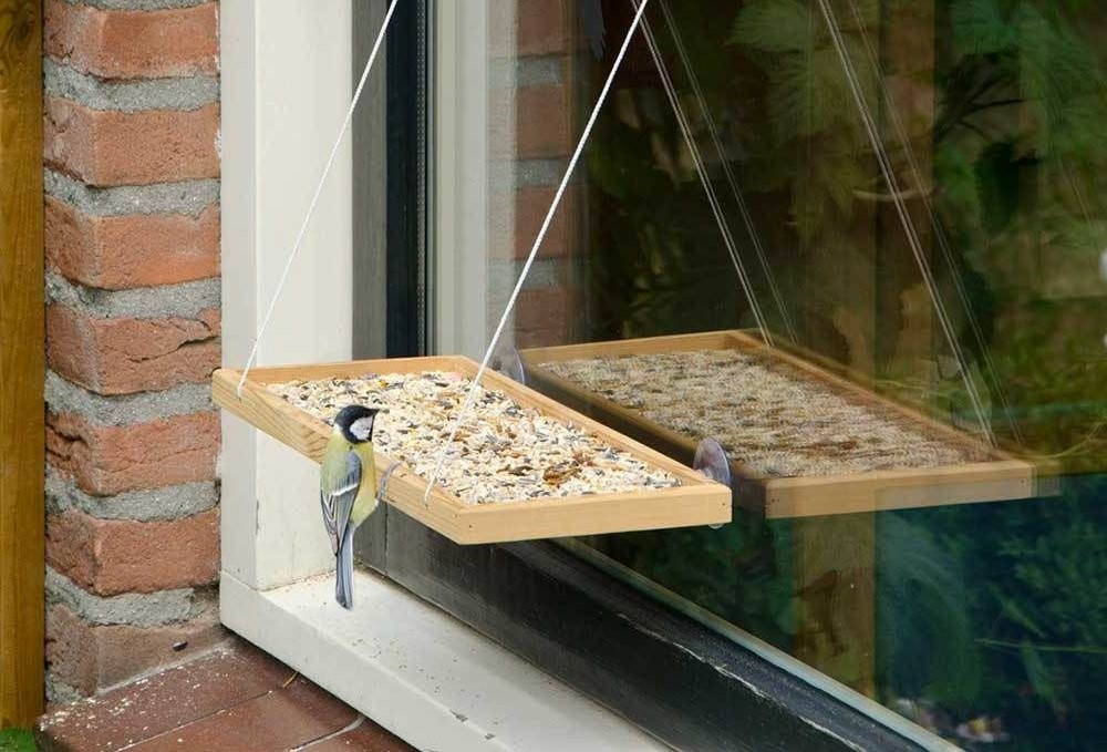 Mesh and wood window bird feeder