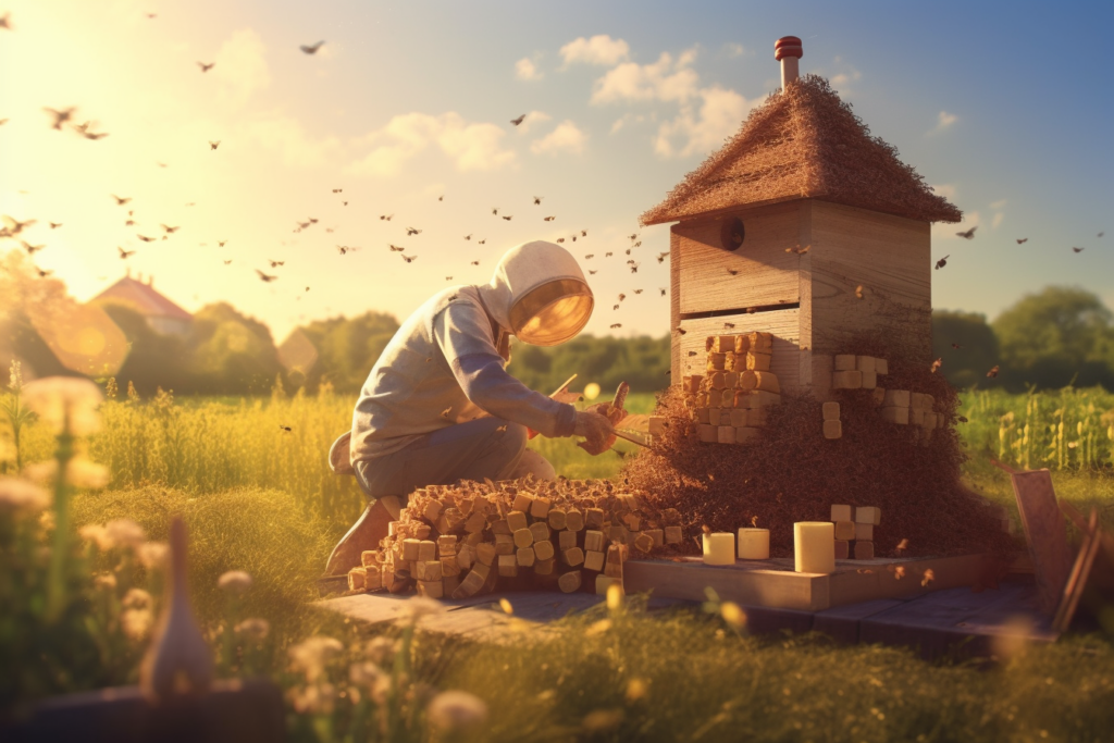A person assembling a wooden beehive, with various beekeeping tools and materials scattered around them