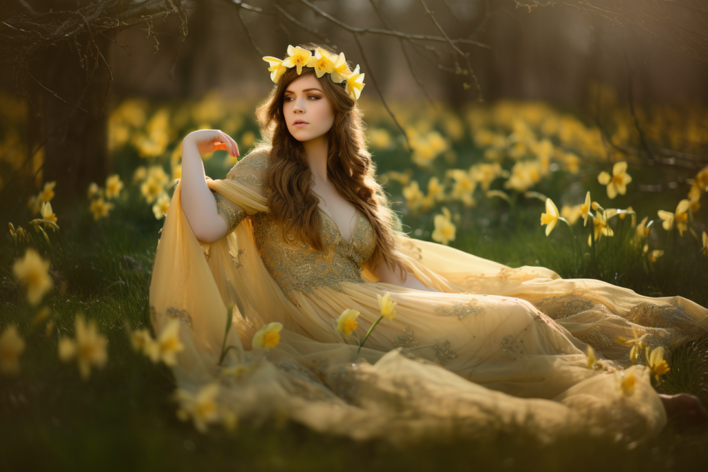 Goddess Persephone in a field of daffodils