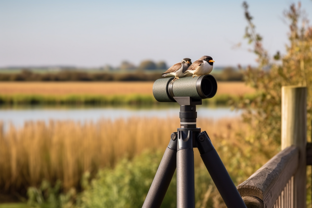 Monocular on wooden fence post, overlooking a vast wetland with reeds and water channels