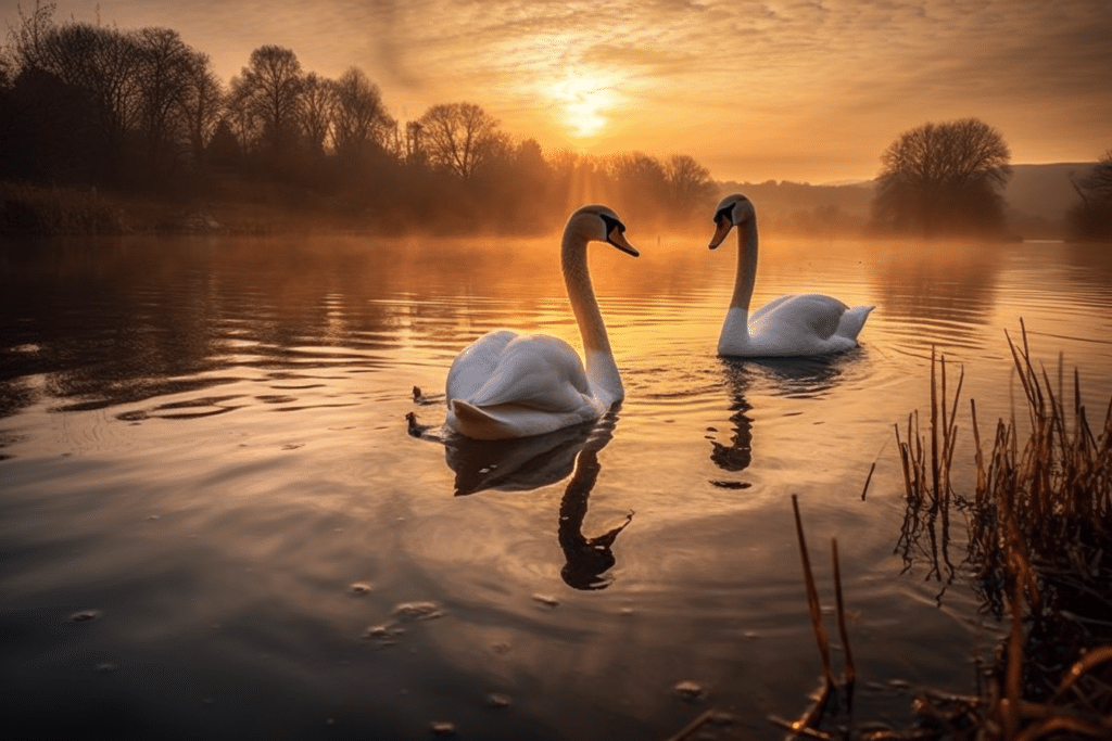 Swans majestically swim in pairs