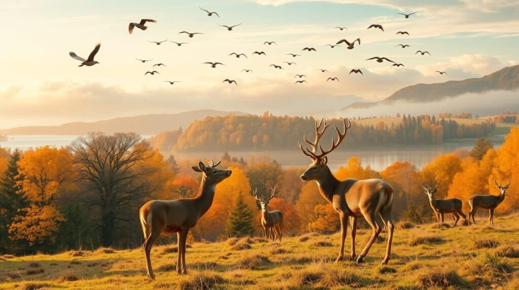 A stunning autumn landscape in the UK, featuring diverse wildlife in their natural habitats